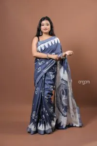 Steel blue hand batik saree