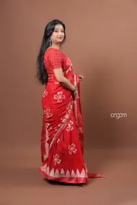 Red and white hand batik saree