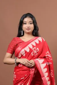 Red and white hand batik saree